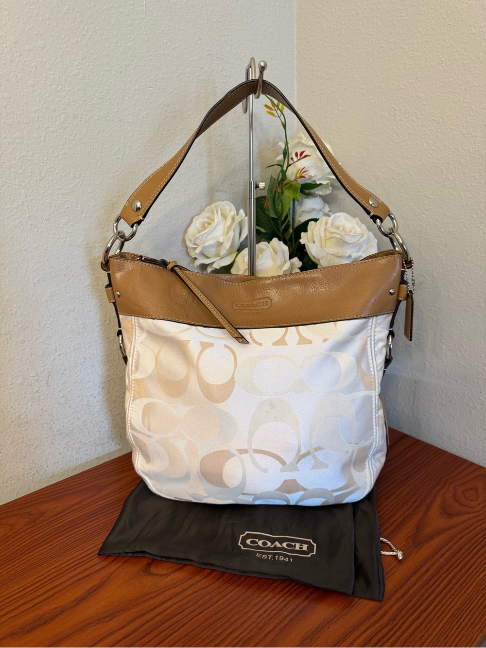 Coach Cream Signature Canvas Hobo with Tan Leather Trim